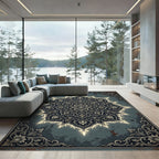 Ornate Dark Charcoal Gilded Floral Mandala Rug