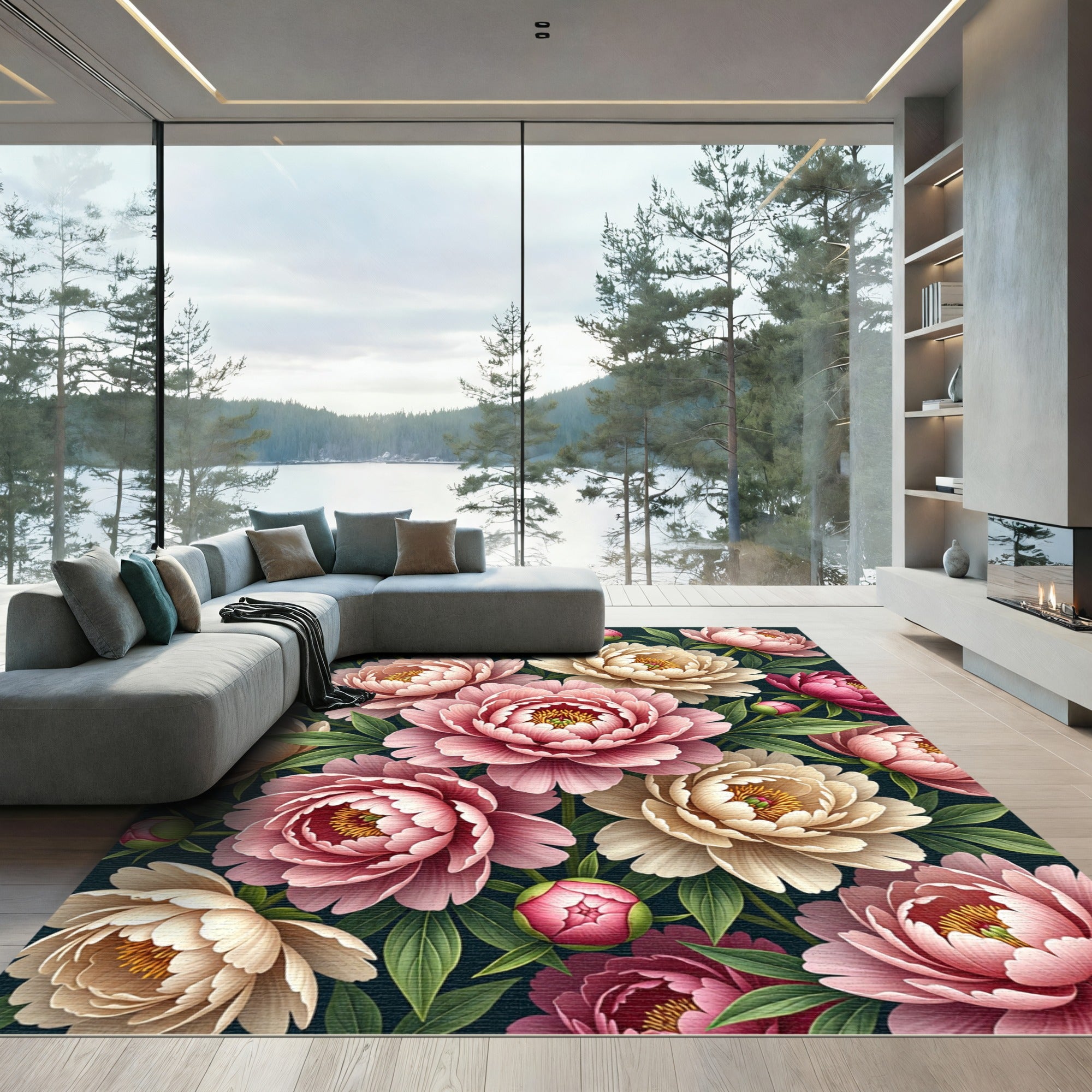 Soft Pink Peony Garden Blooms Rug