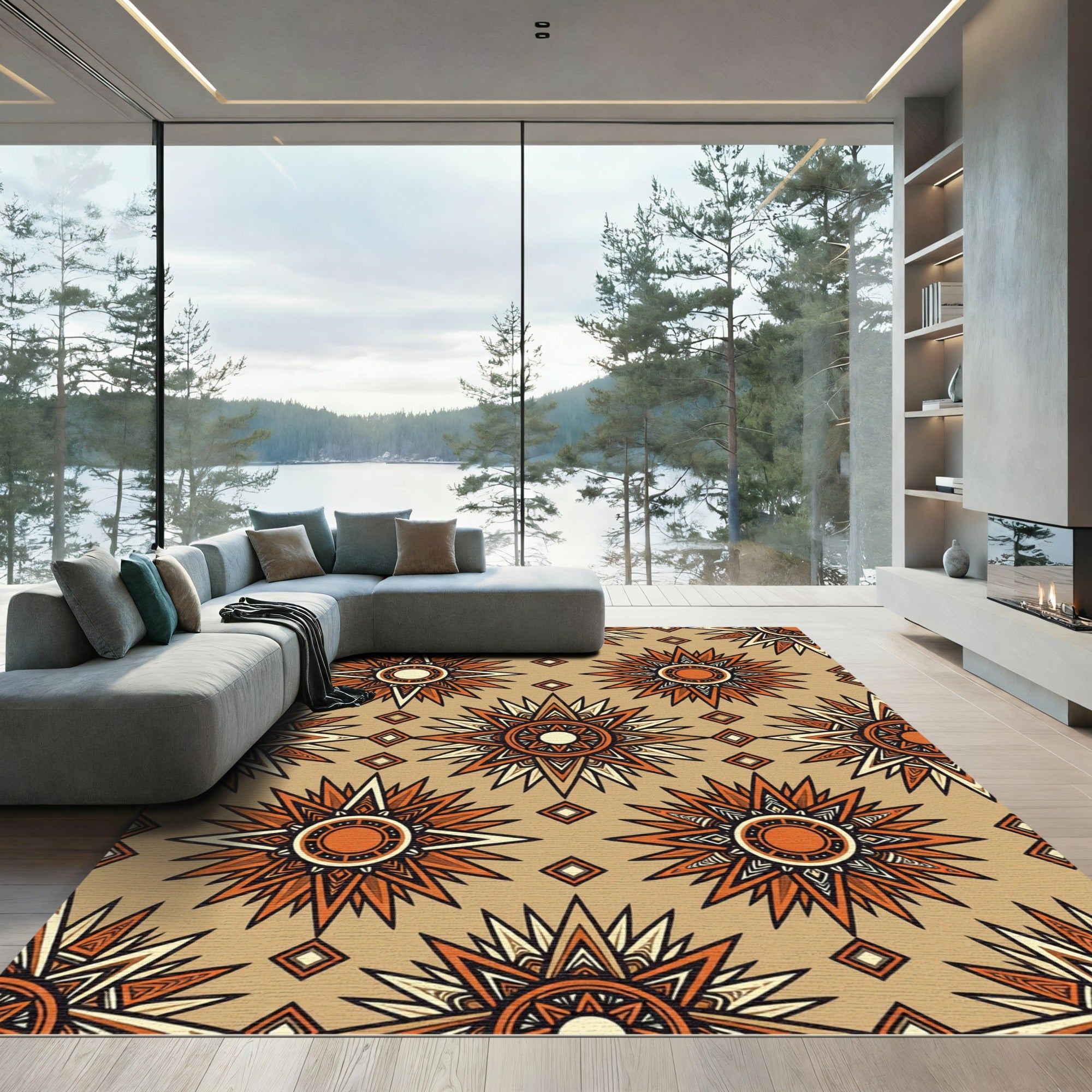 Geometric Sunburst Terracotta Ochre Rug