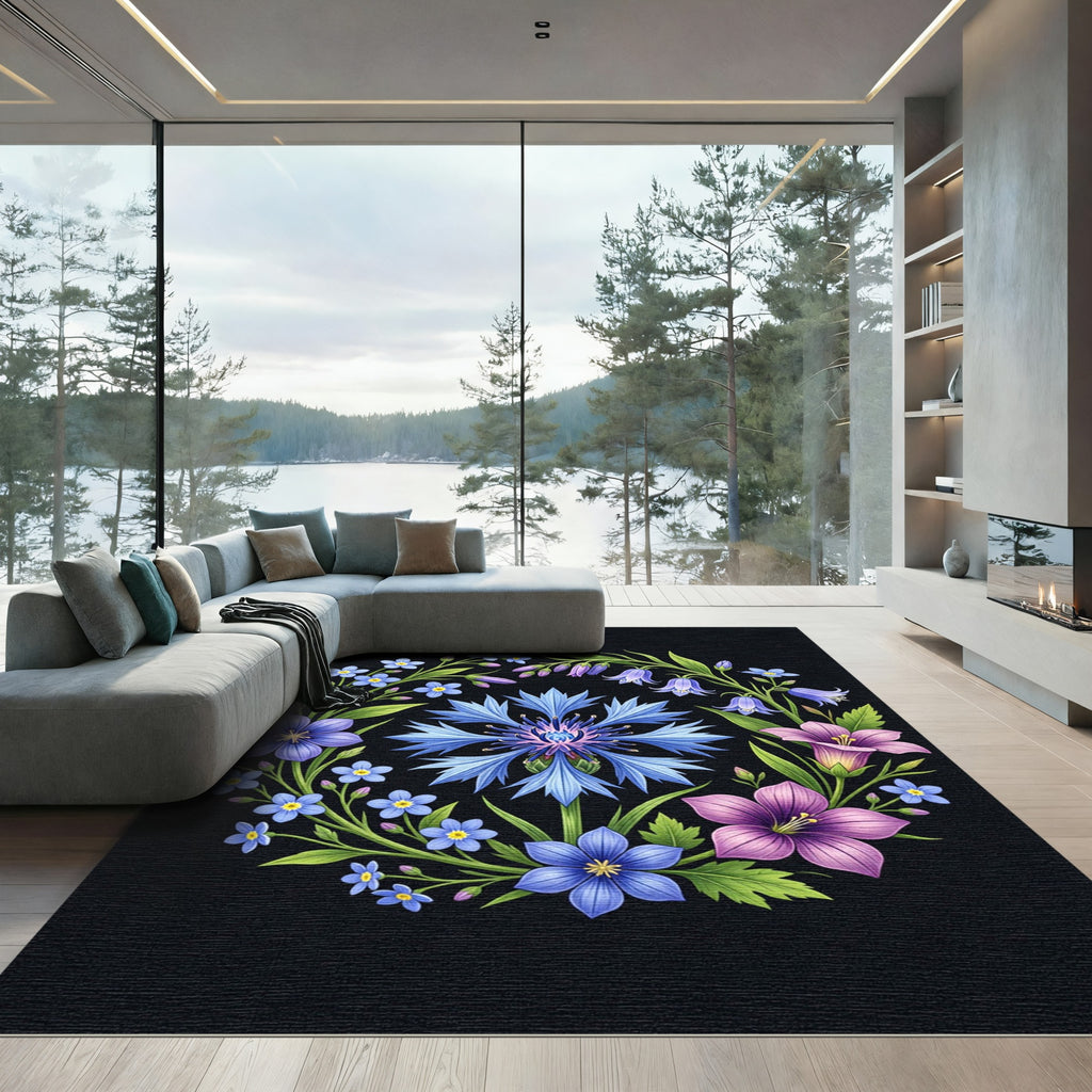 Vibrant Blue Cornflower Floral Wreath Rug