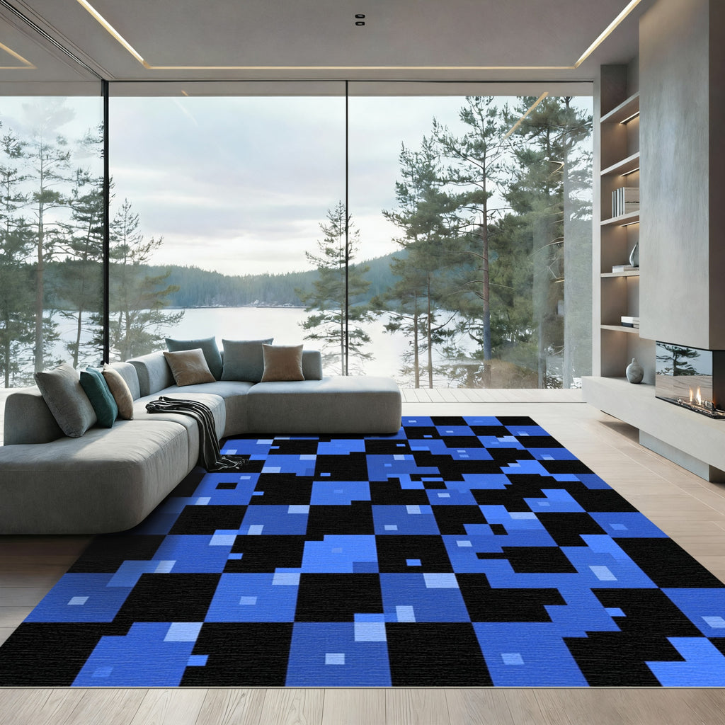 Electric Blue Pixelated Abstract Grid Rug