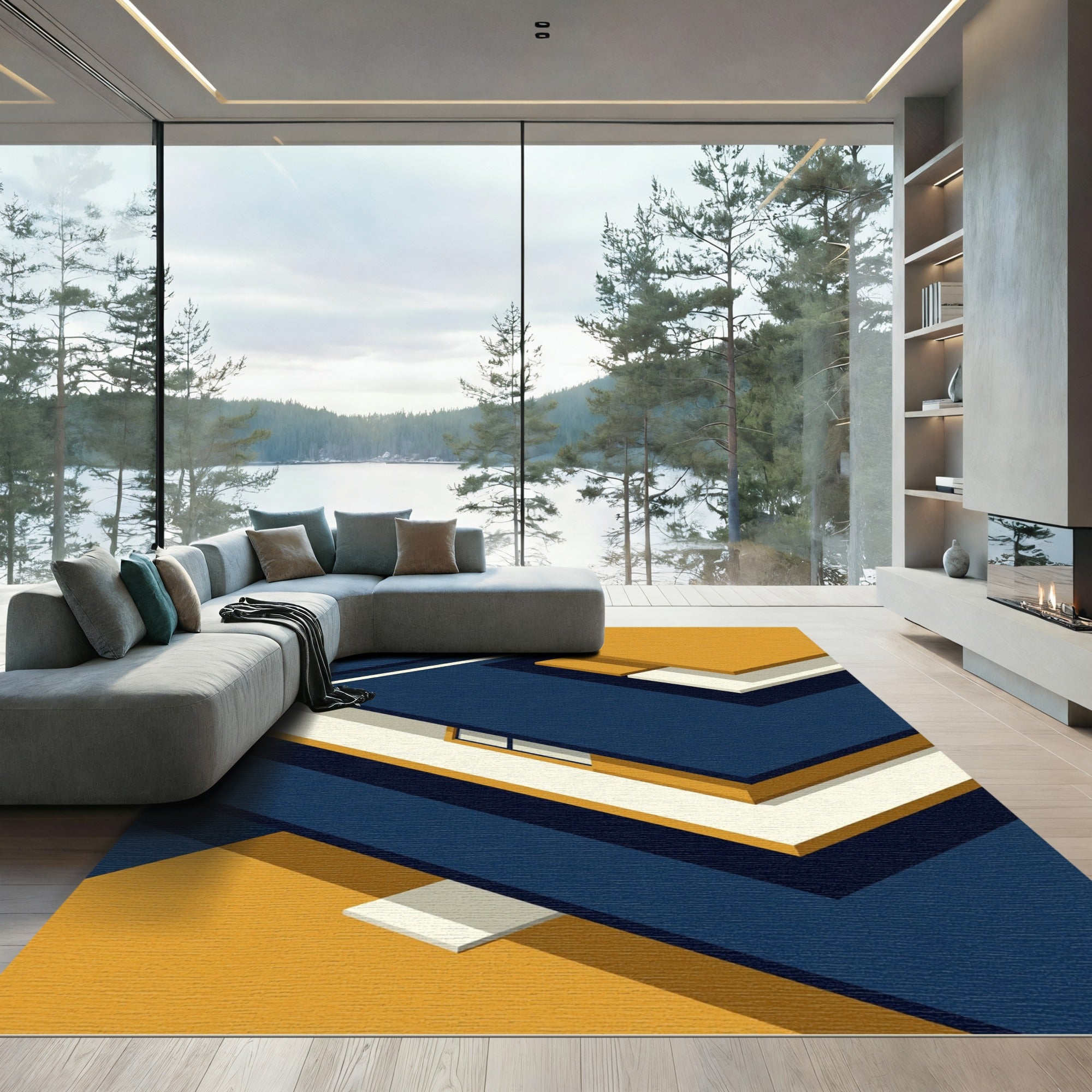 Modern Abstract Blue and Gold Geometric Rug