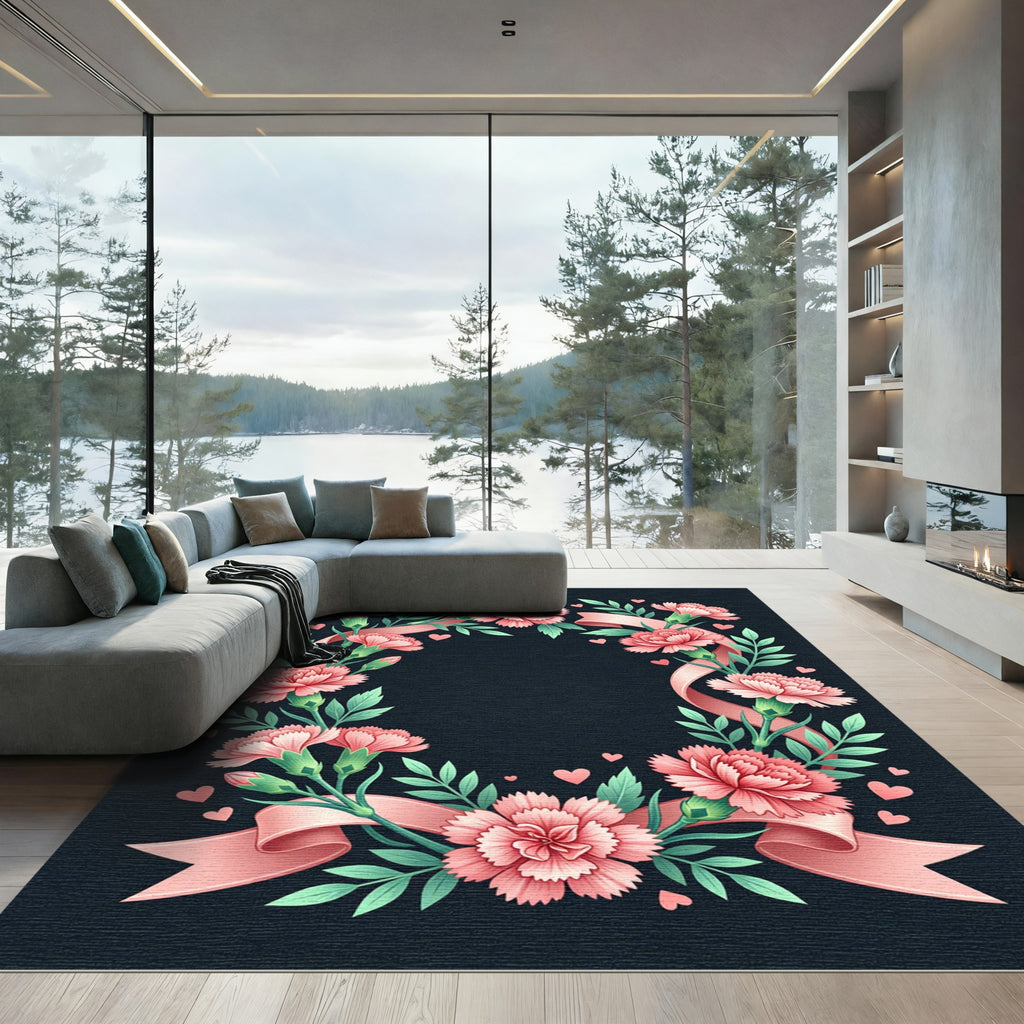 Pink Carnation Ribbon Heart Wreath Rug