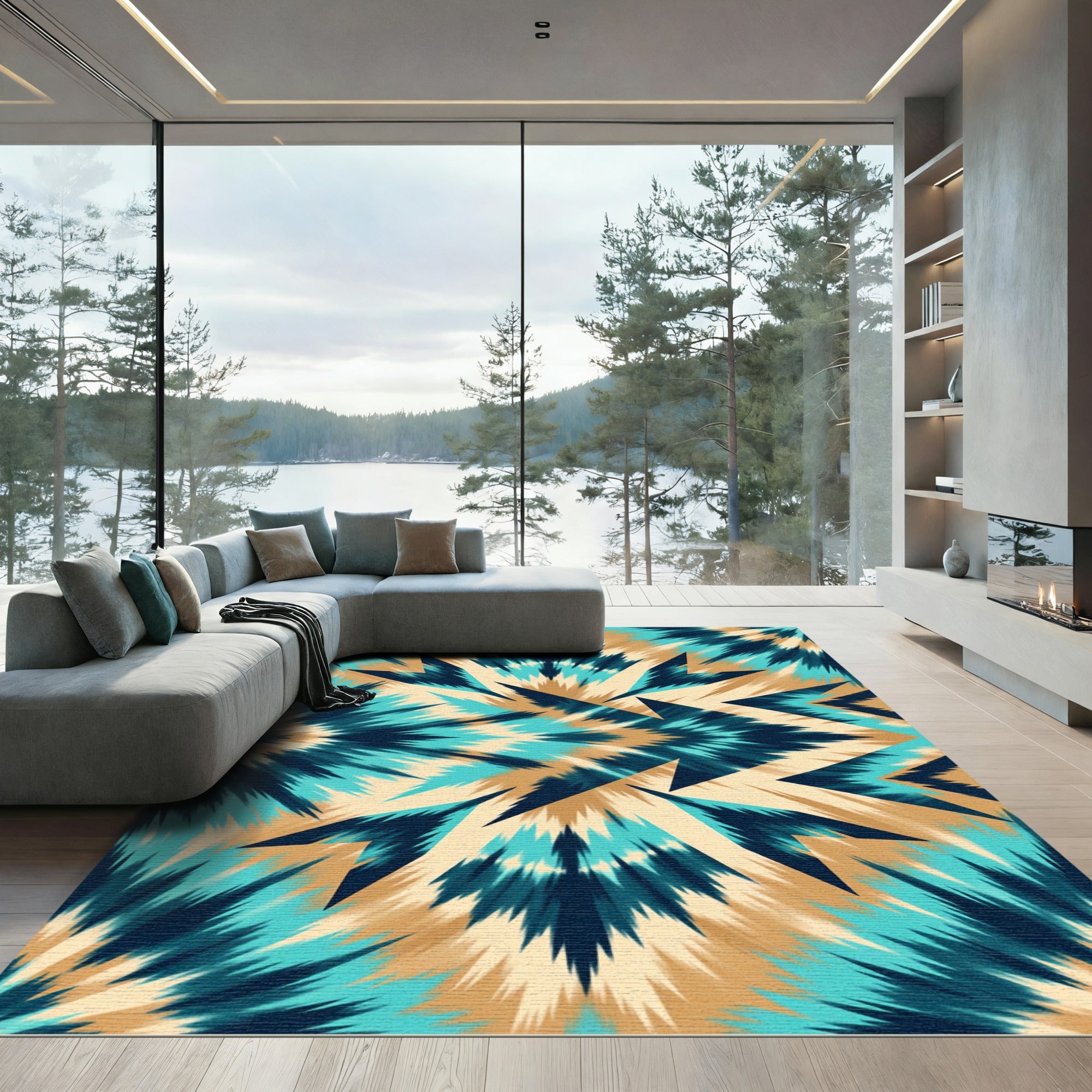 Teal and Tan Abstract Zigzag Rug