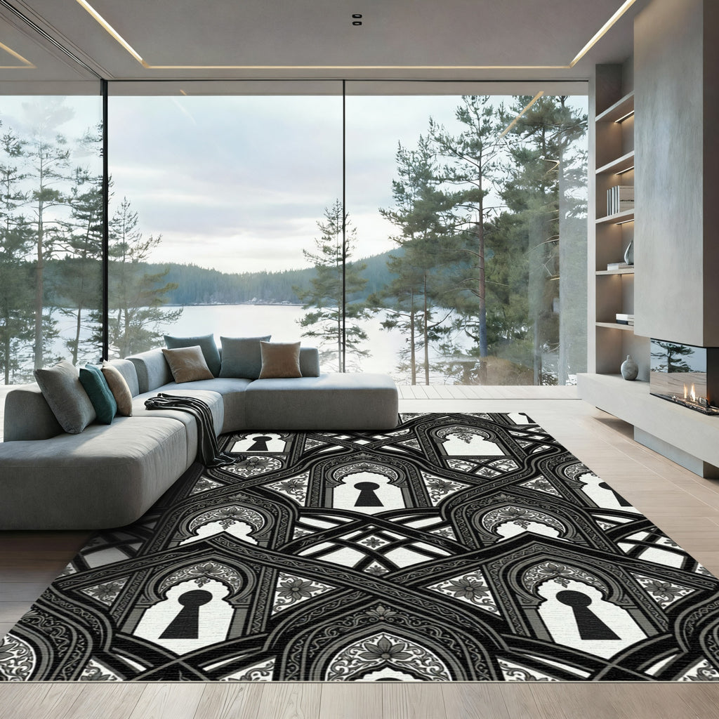 Monochromatic Arched Keyhole Floral Lattice Rug