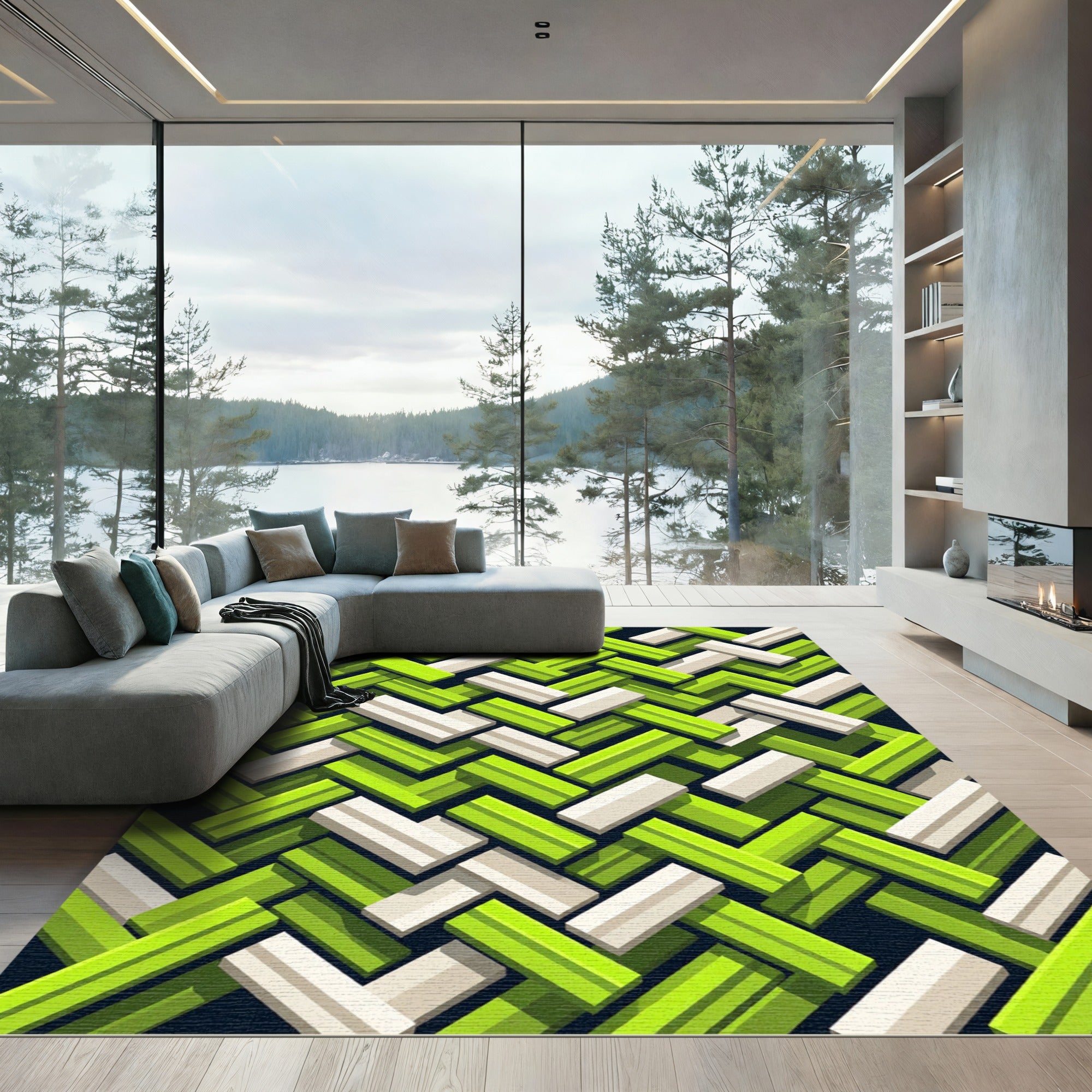 Lime Green White Interlocking Chevron Rug