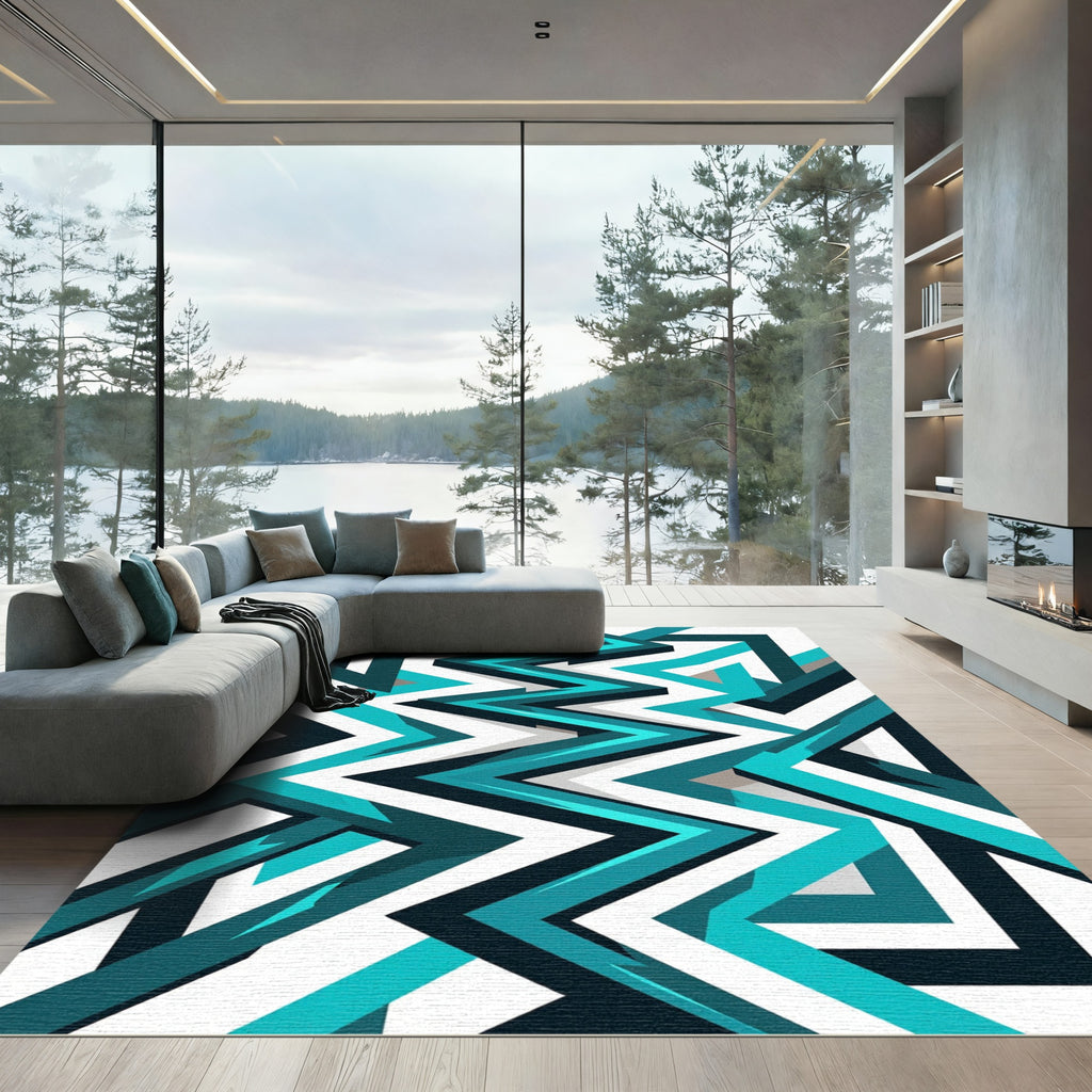 Modern Teal and Black Geometric Zigzag Rug