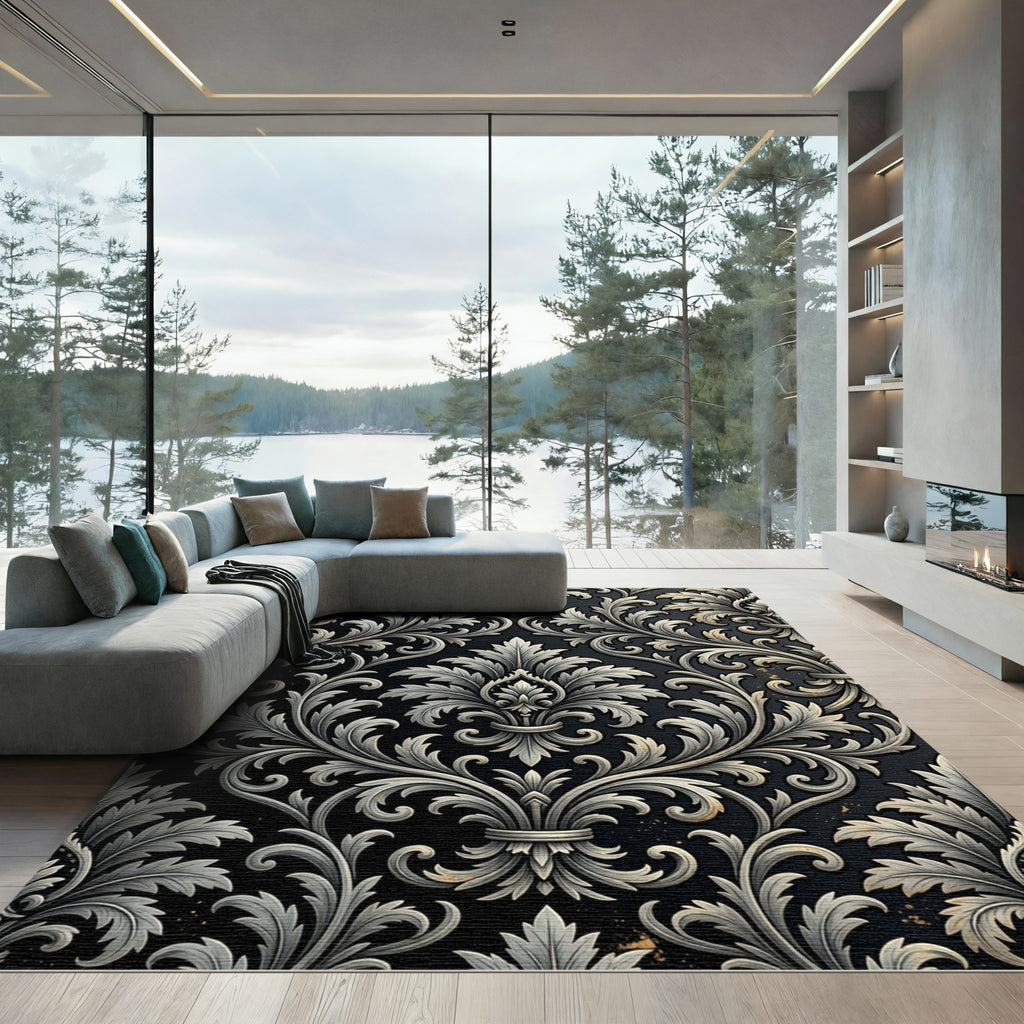 Ornate Charcoal Silver Damask Scroll Rug
