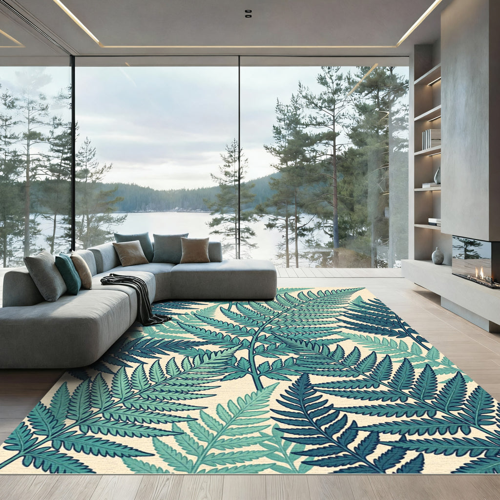 Lush Teal Botanical Fern Leaf Rug