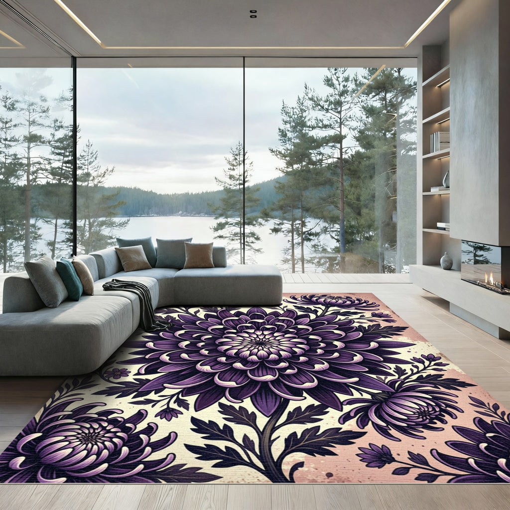 Dark Violet Chrysanthemum Botanical Floral Rug