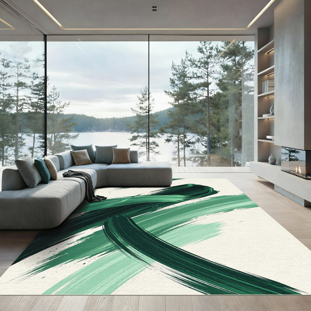 Modern Emerald Green Abstract Brushstroke Rug