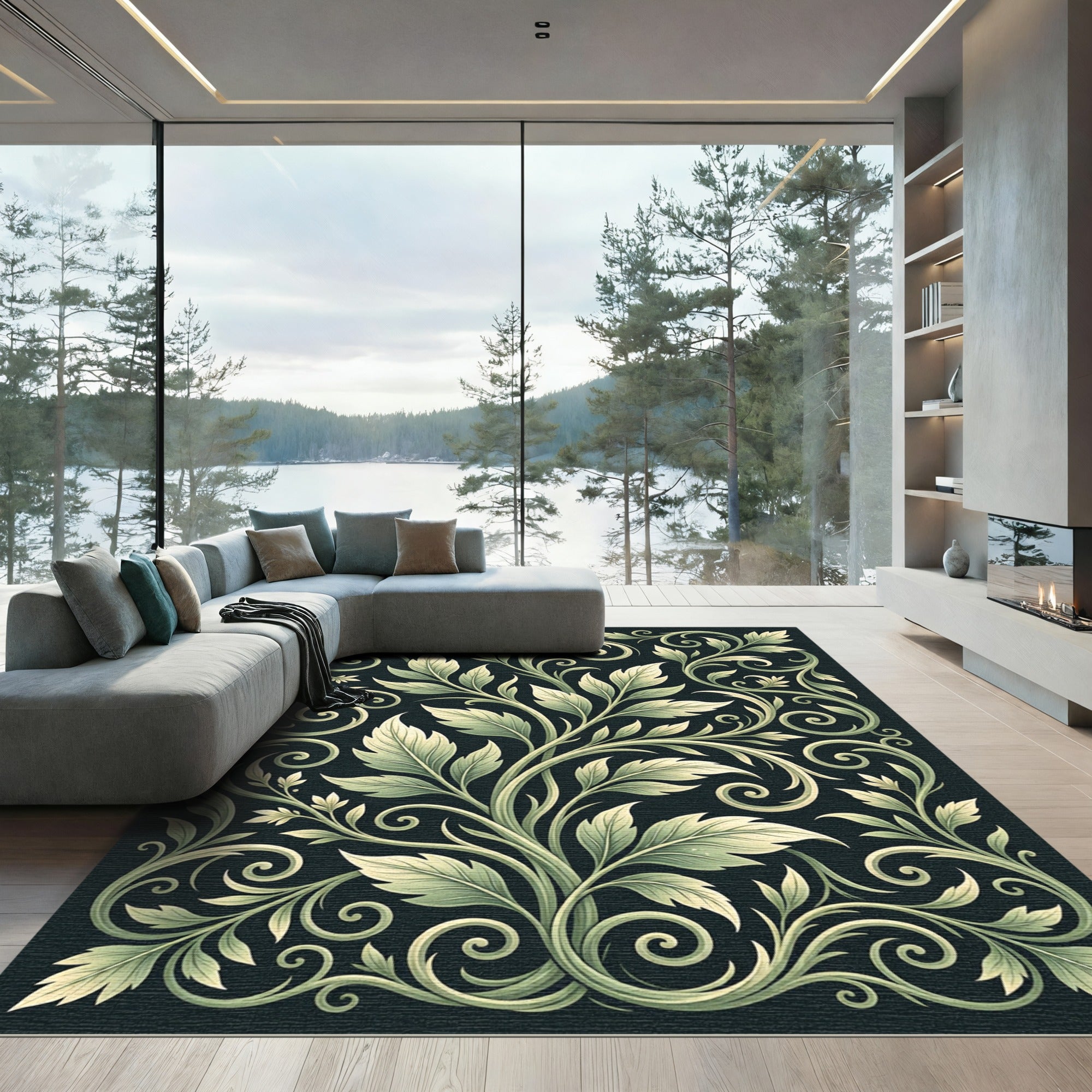 Elegant Sage Botanical Scroll Vine Rug