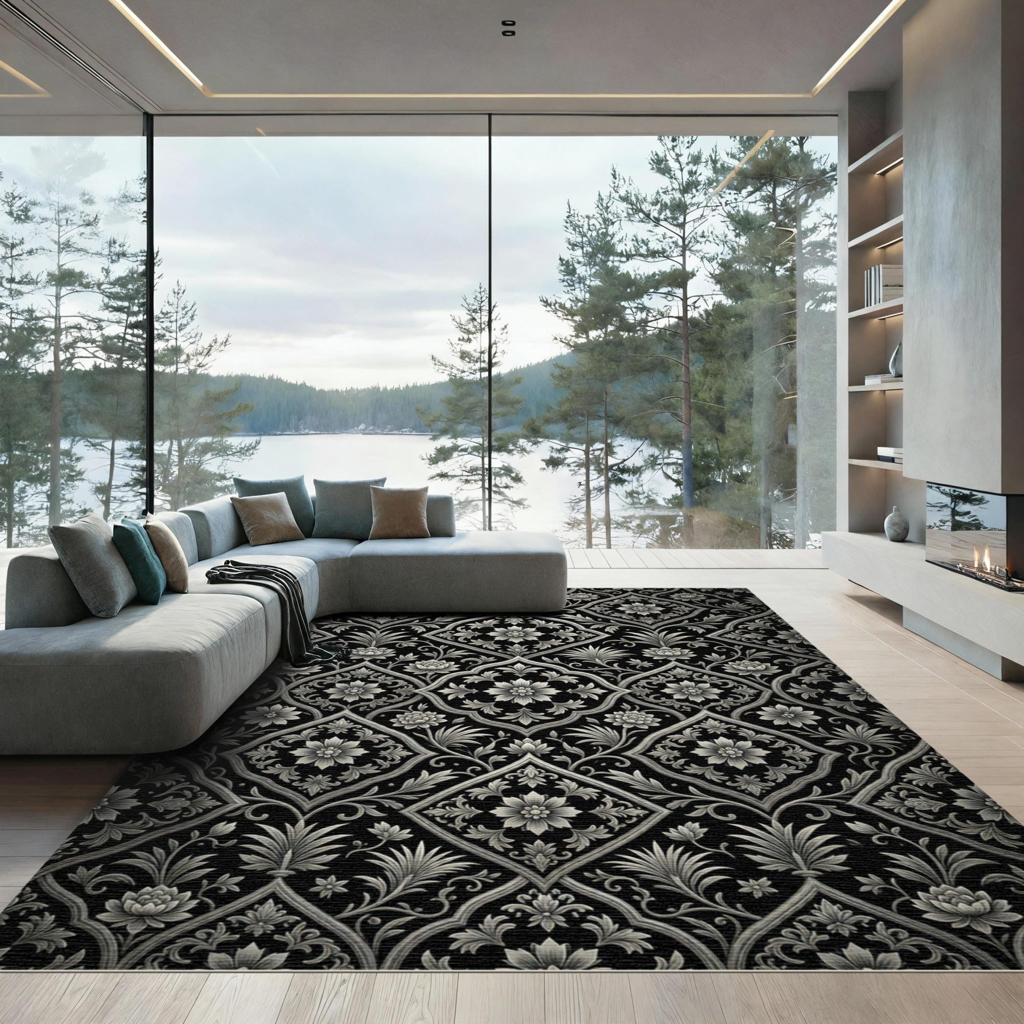 Ornate Black Floral Lattice Relief Rug