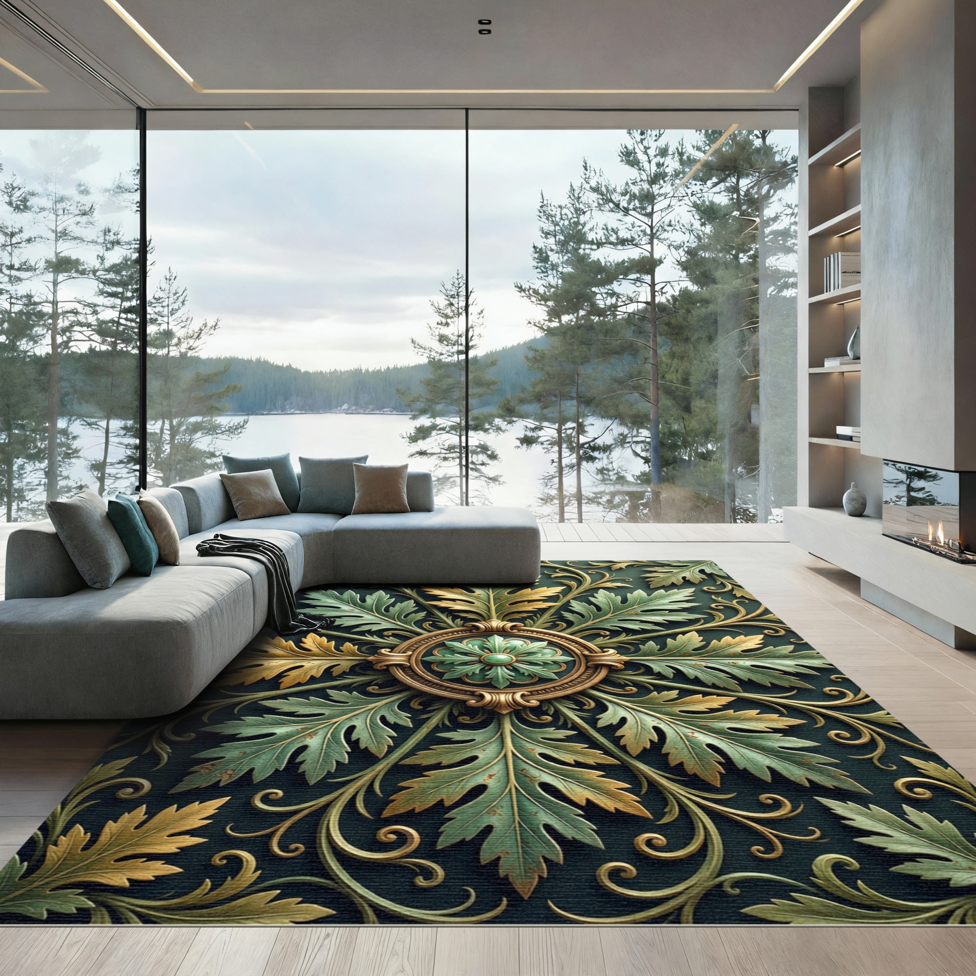 Ornate Gold Folio Medallion Verdant Scroll Rug