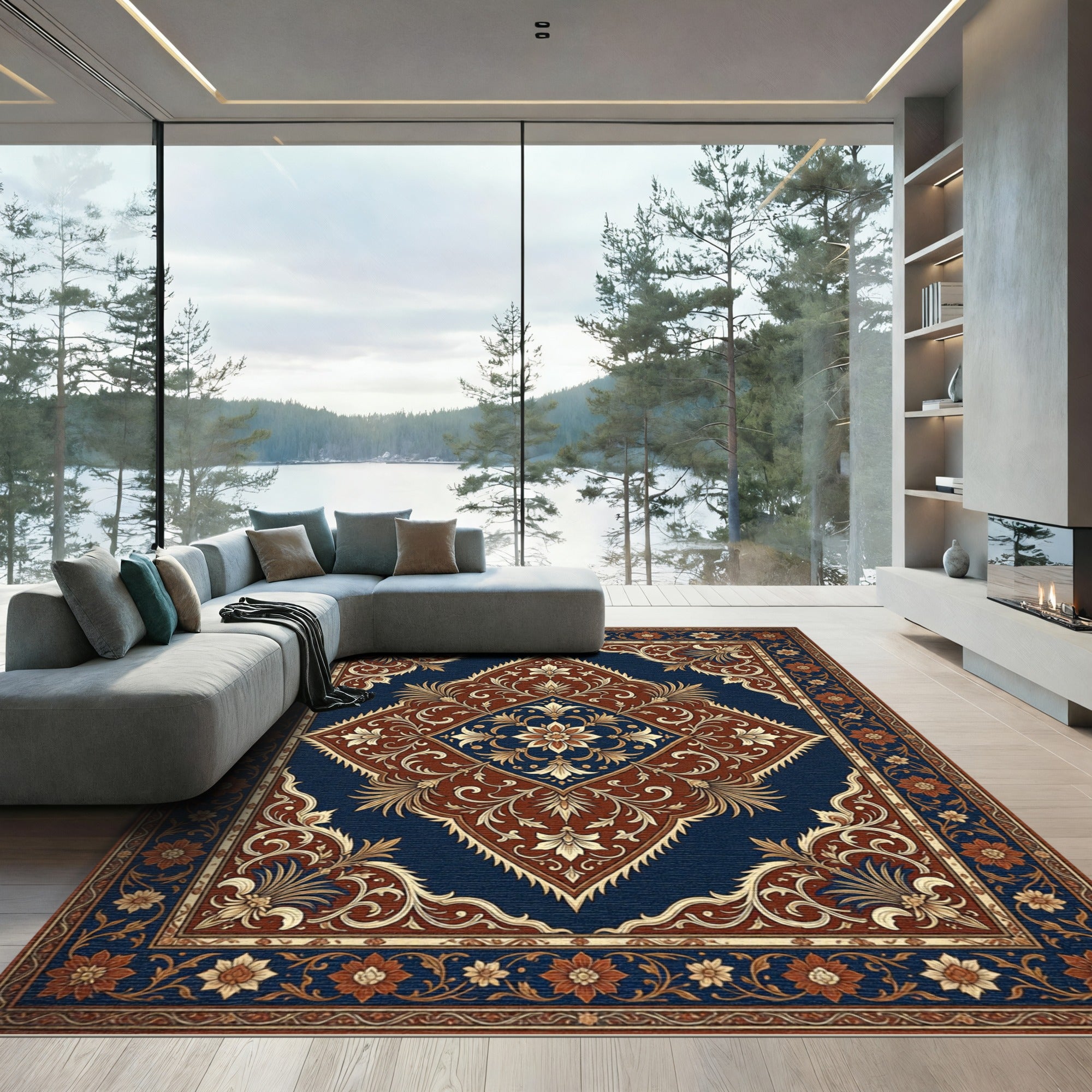 Navy and Rust Ornate Floral Medallion Rug