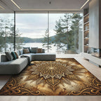 Ornate Golden Filigree Floral Mandala Rug