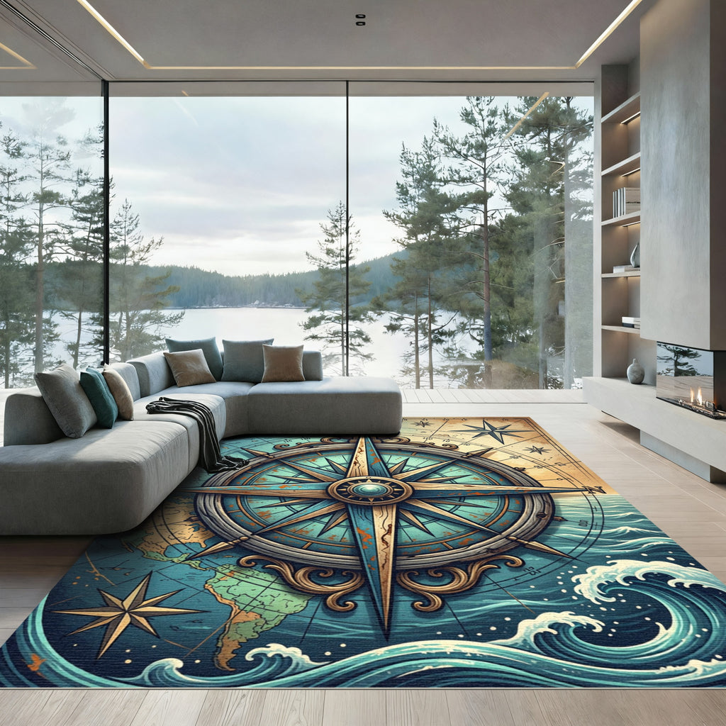 Nautical Compass Antique Map Teal Rug
