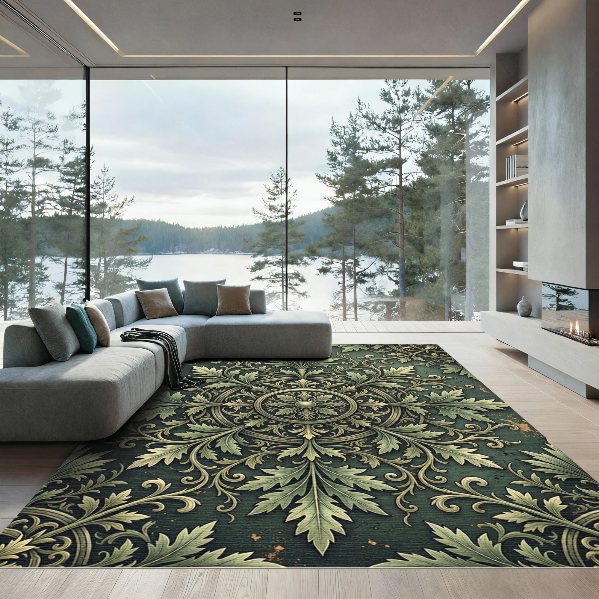 Sage Green Ornate Foliage Medallion Rug
