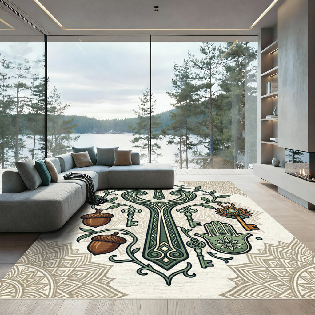 Earthy Green Mystical Key Acorn Mandala Rug