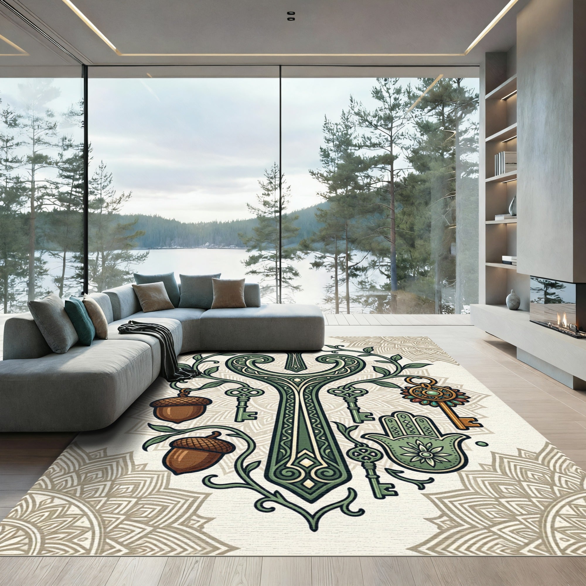 Earthy Green Mystical Key Acorn Mandala Rug