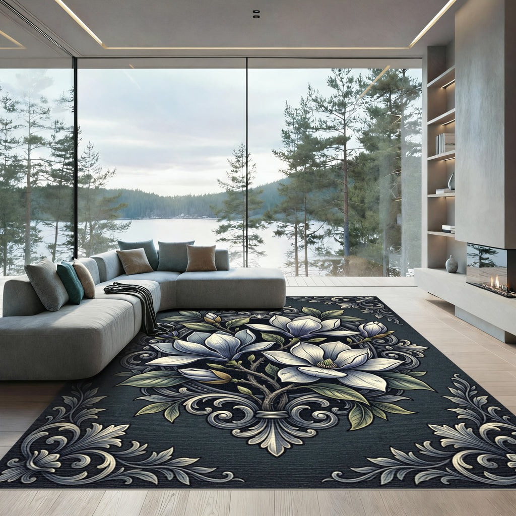 Elegant Charcoal Magnolia Floral Medallion Rug