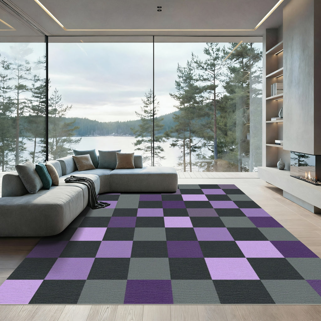 Purple Gray Checkerboard Squares Rug