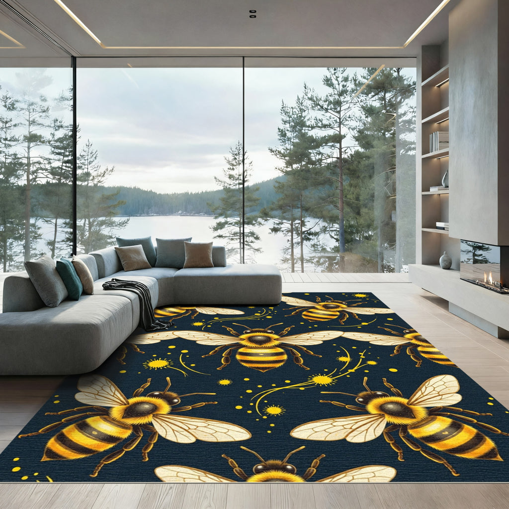 Golden Honeybee Navy Minimalist Art Rug
