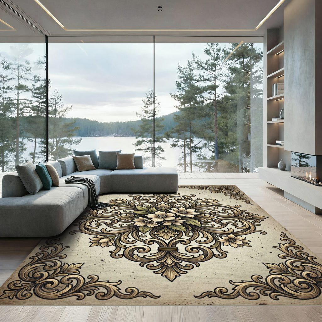 Elegant Baroque Floral Scroll Medallion Rug