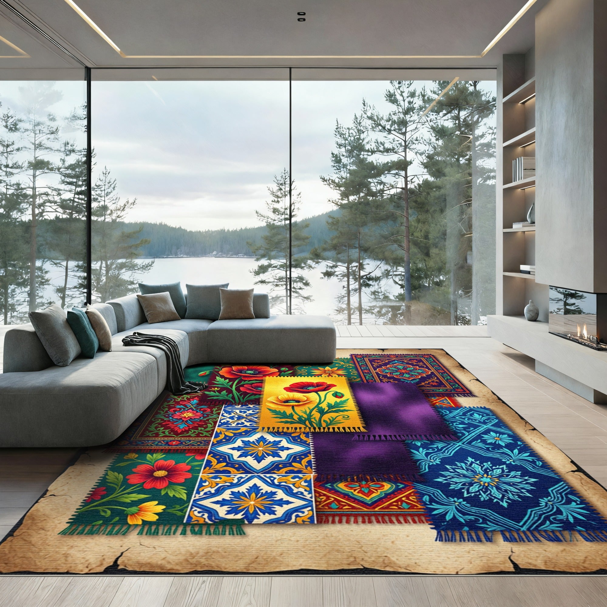 Vibrant Red Flower Medallion Rug