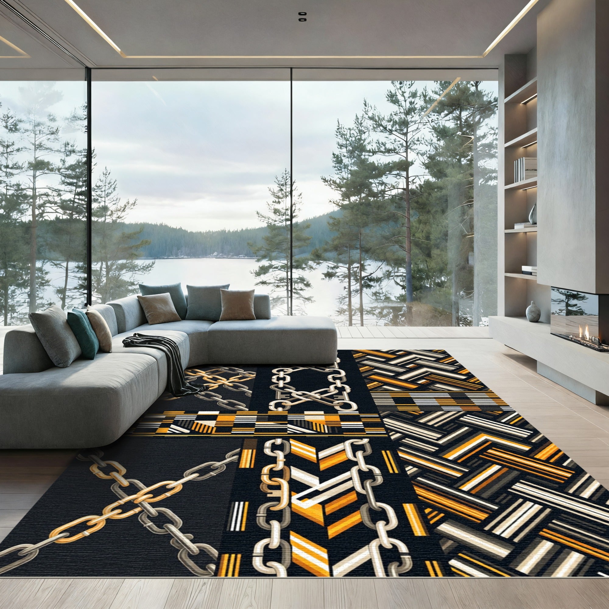 Bold Gold Chain Geometric Tributes Rug