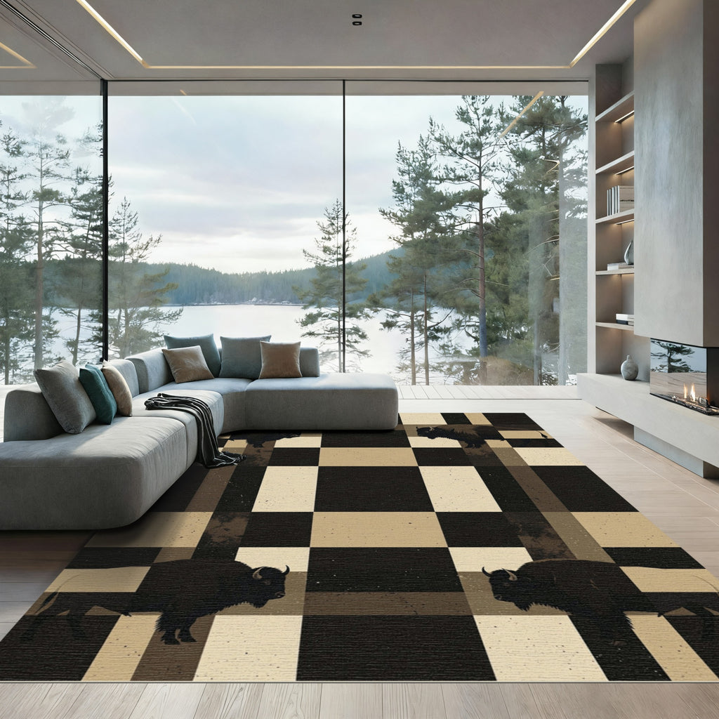 Neutral Bison Plaid Geometric Grid Rug