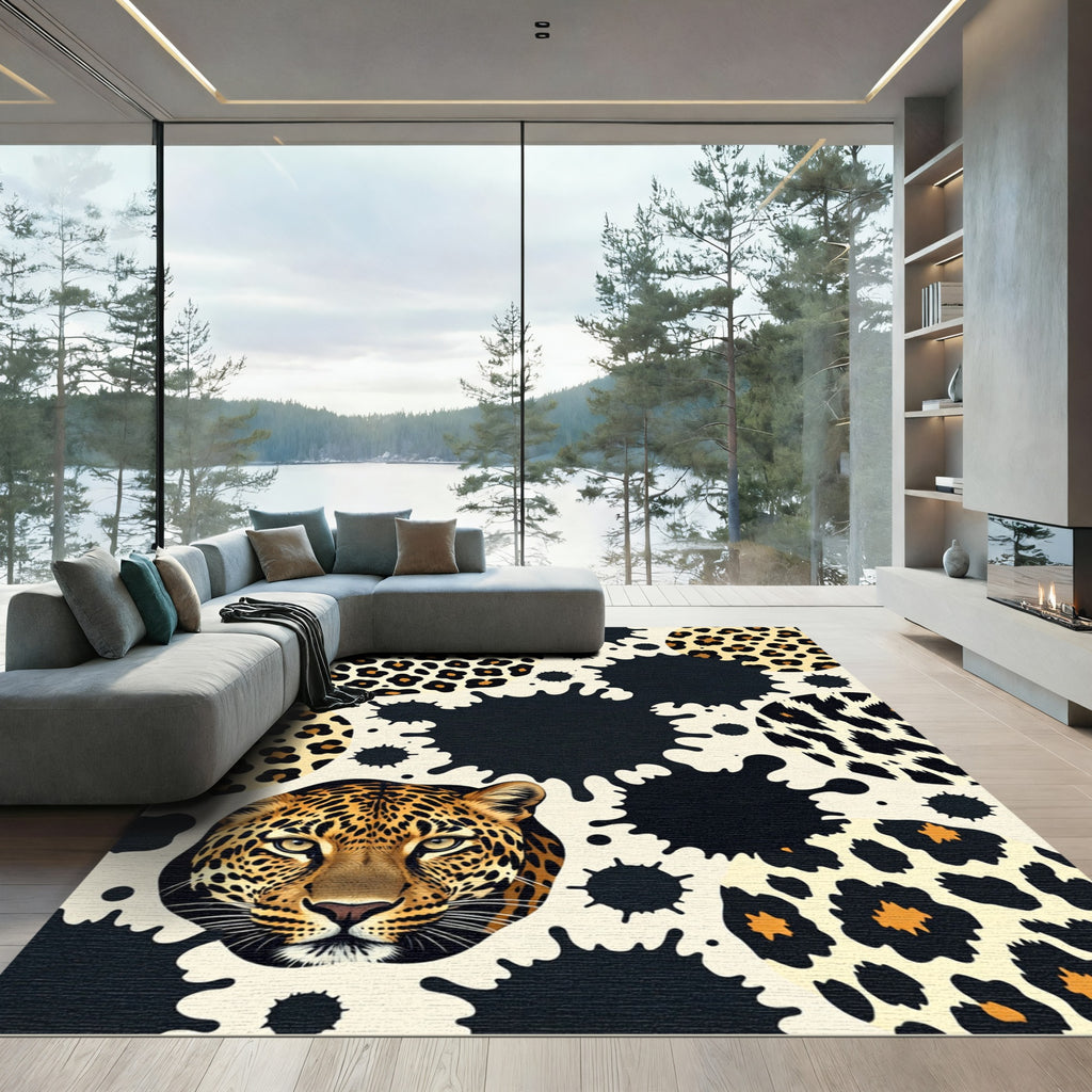 Black Ink Splash Leopard Animal Spot Rug