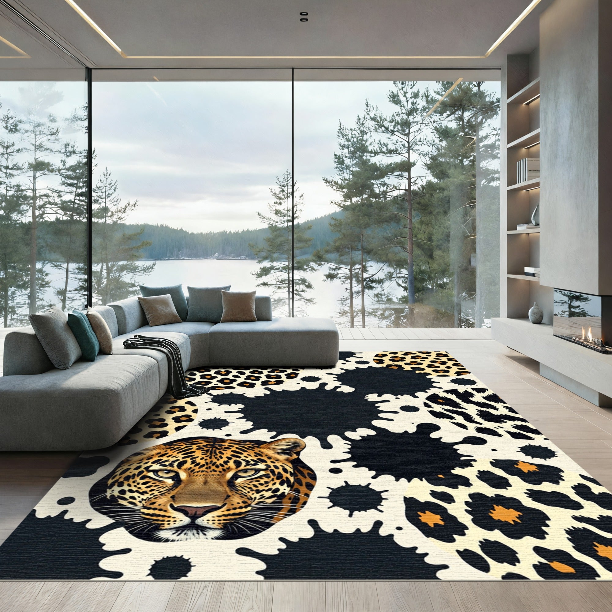 Black Ink Splash Leopard Animal Spot Rug