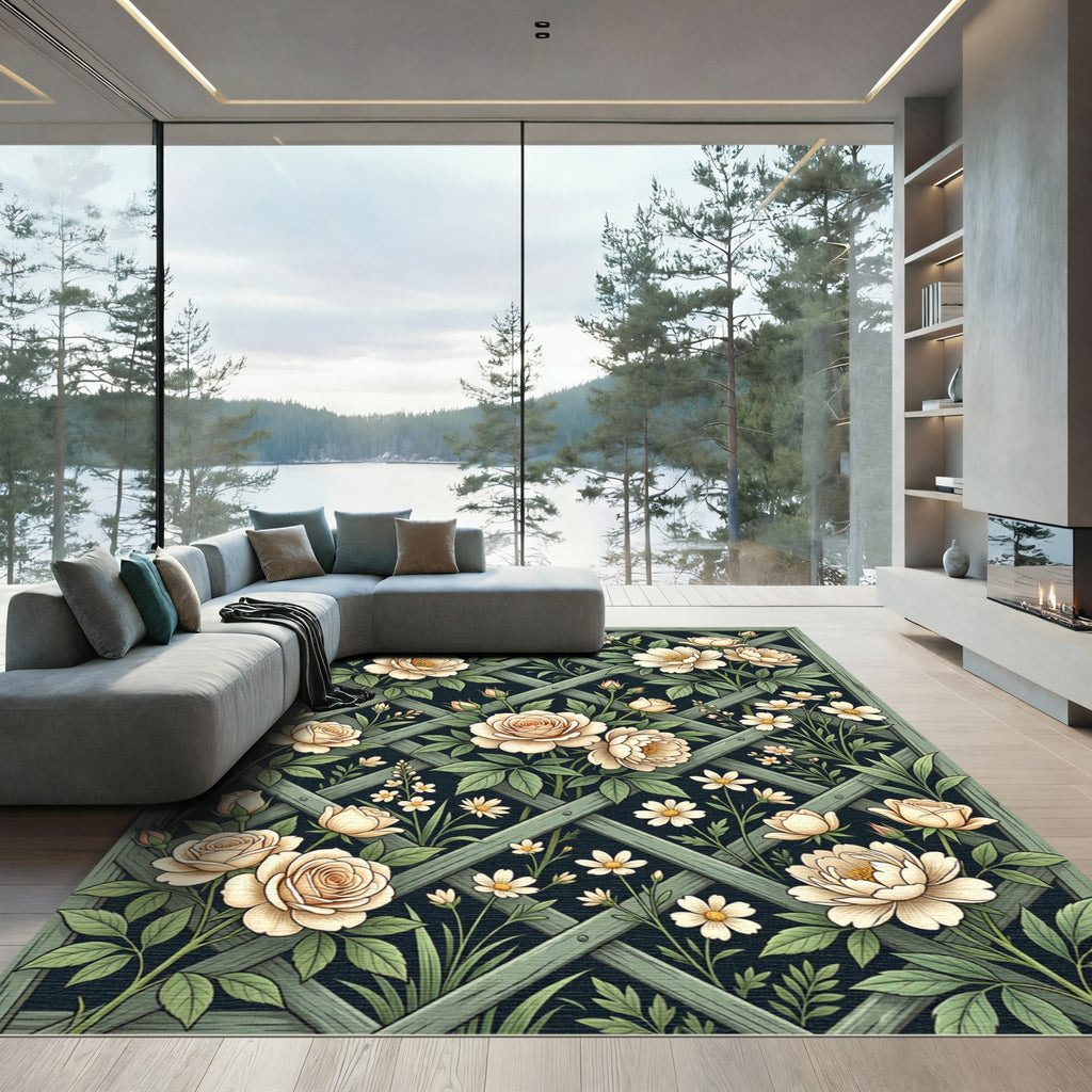 Cream Peony Trellis Botanical Art Rug