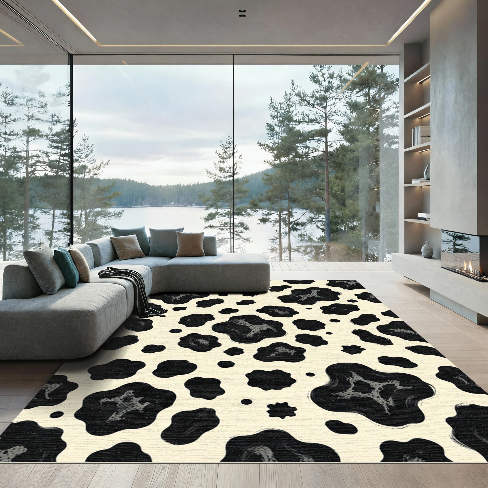 Abstract Black Spotted Animal Ivory Rug