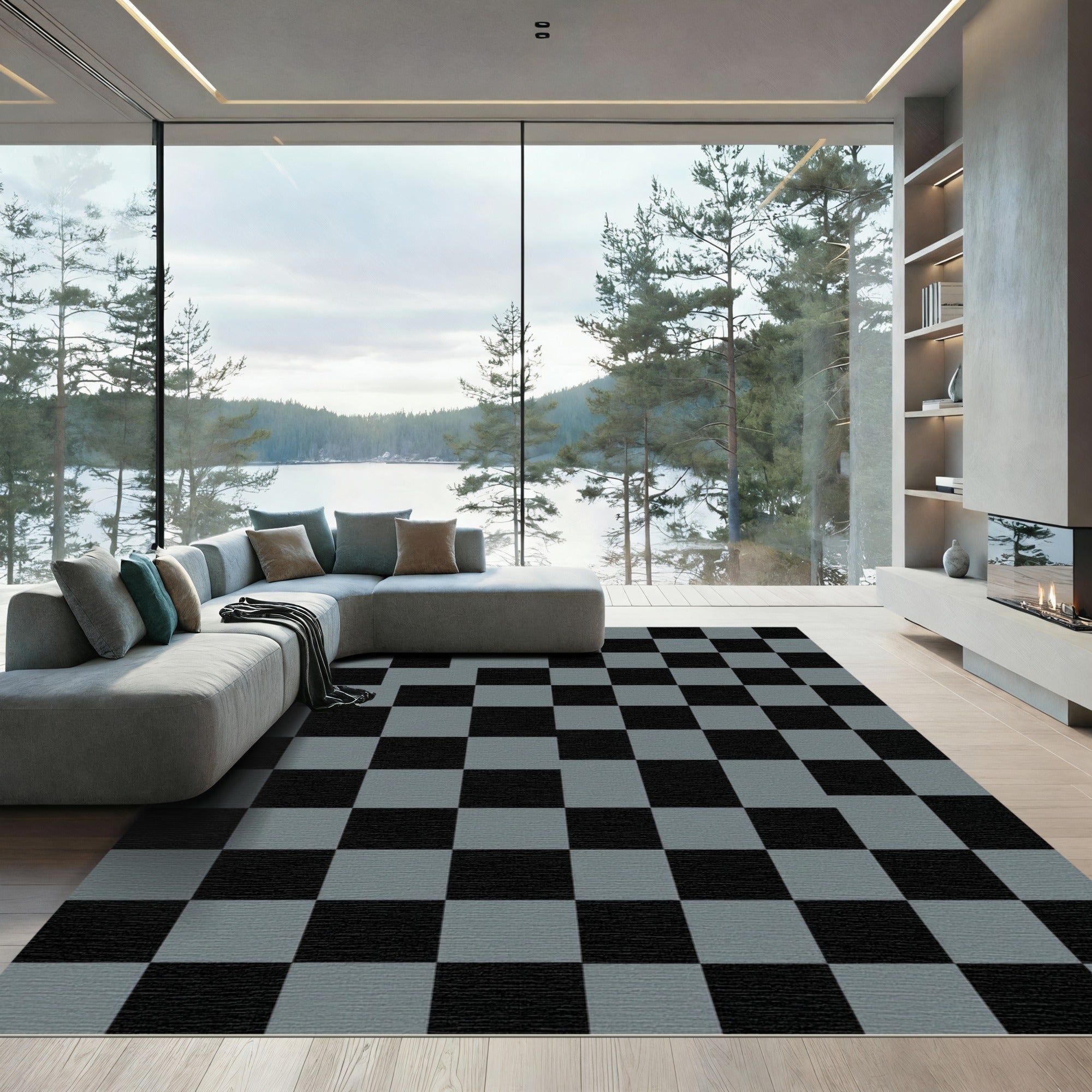 Minimalist Charcoal Grey Checkerboard Grid Rug