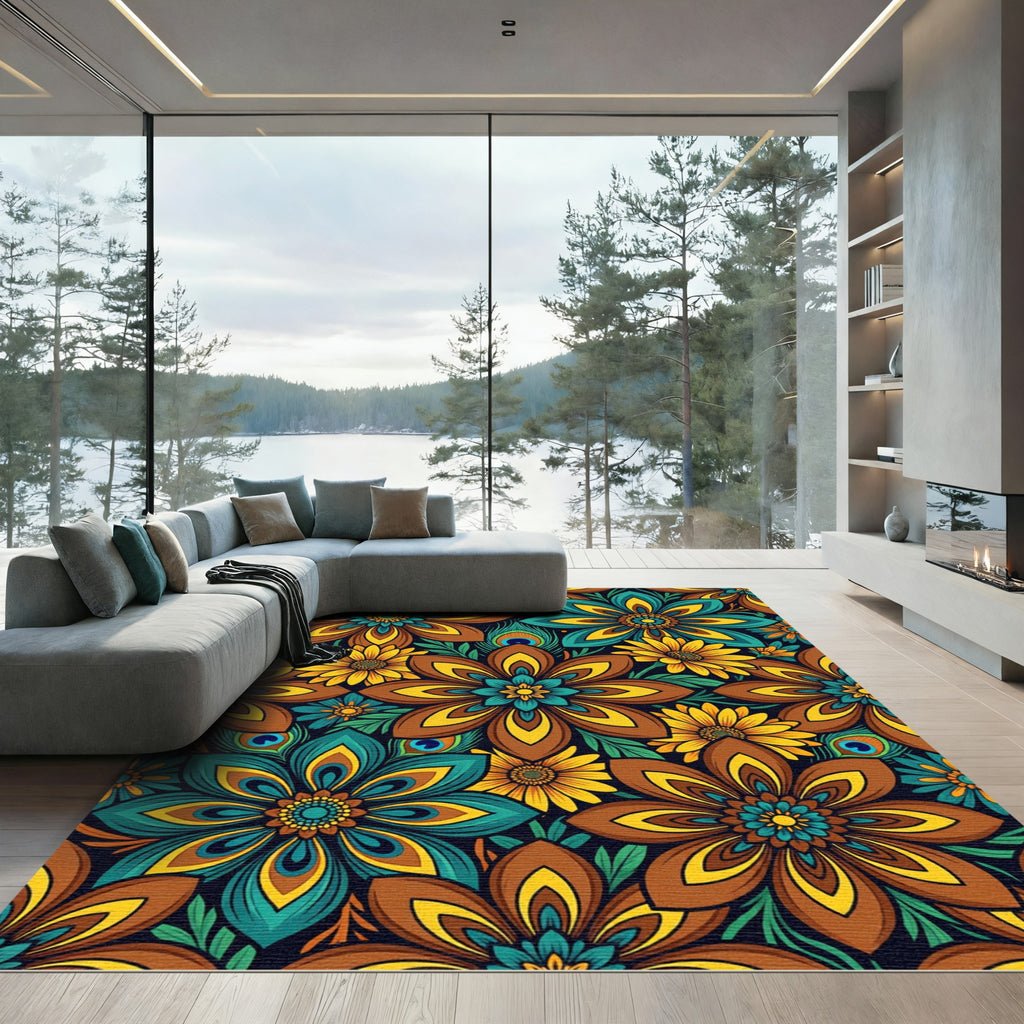 Peacock Teal and Amber Floral Meadow Rug