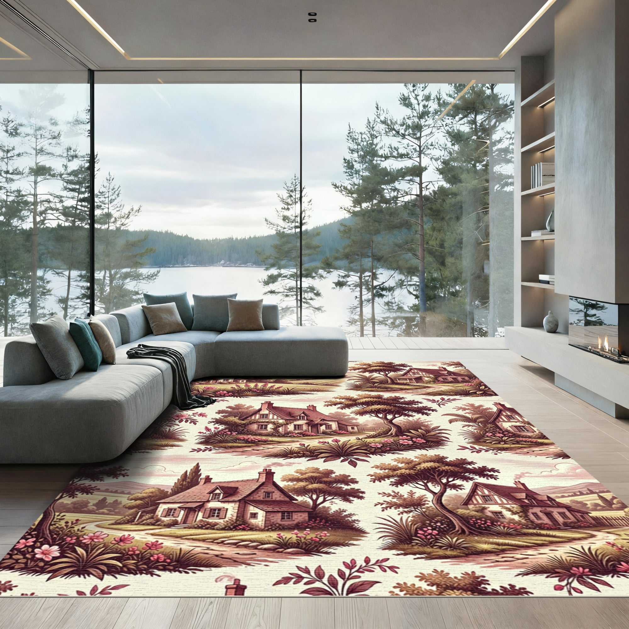 English Countryside Floral Cottage Scene Rug