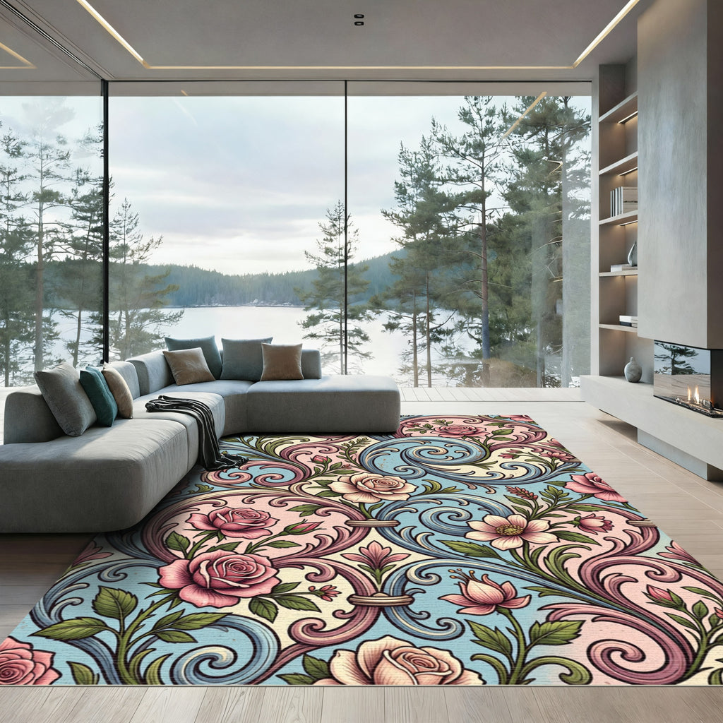 Elegant Pastel Rose Floral Scrollwork Rug