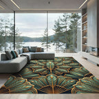 Emerald Gold Feathered Fan Mandala Rug
