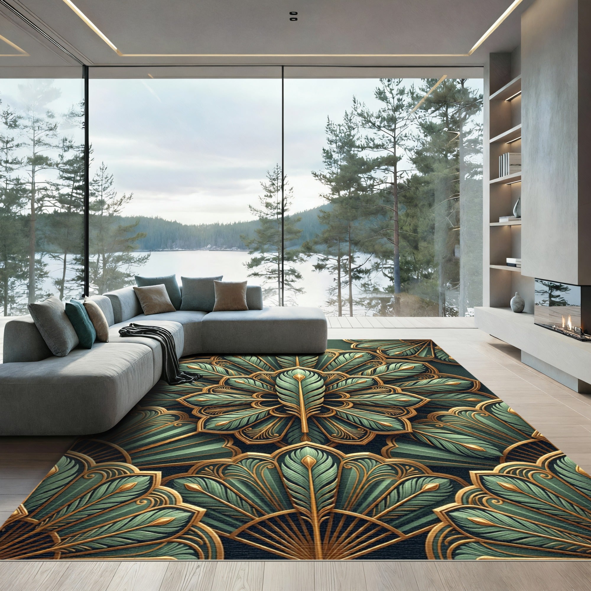 Emerald Gold Feathered Fan Mandala Rug