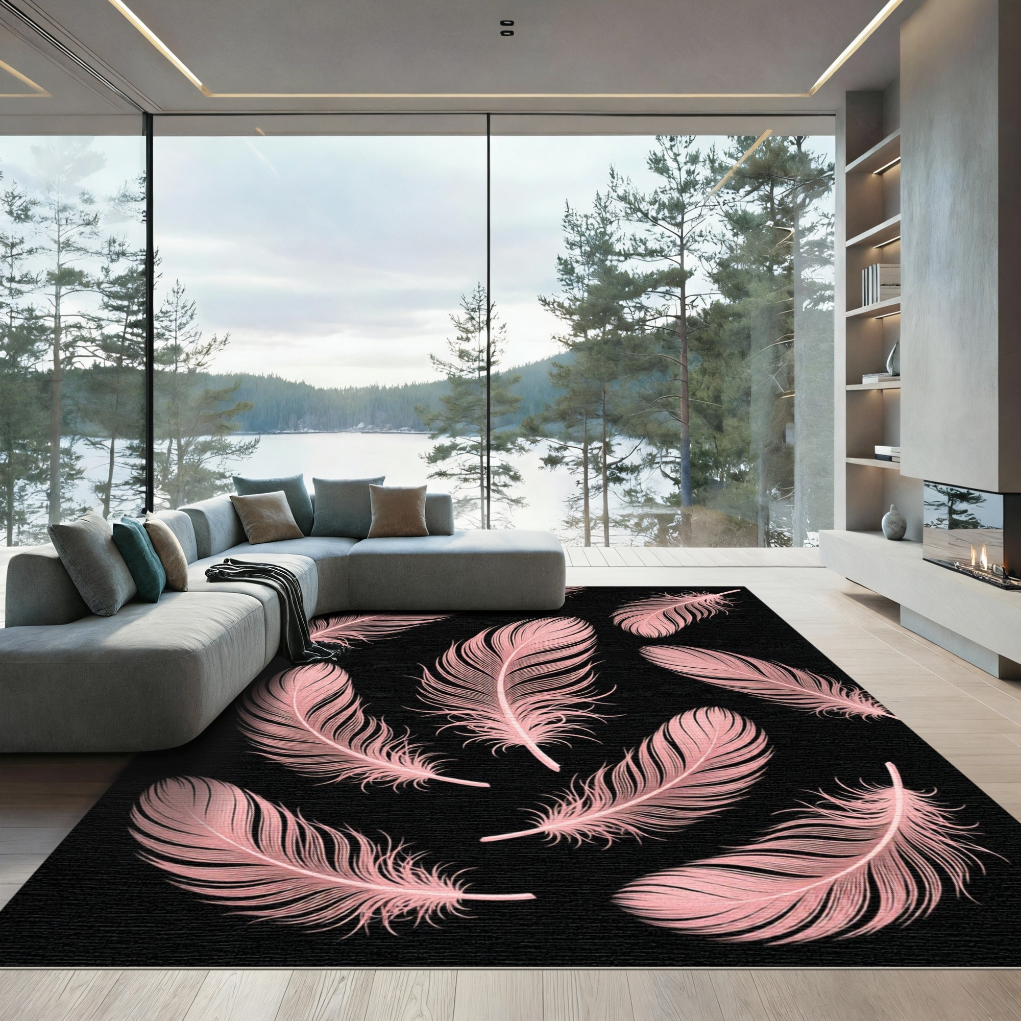 Elegant Blush Pink Floating Feather Art Rug