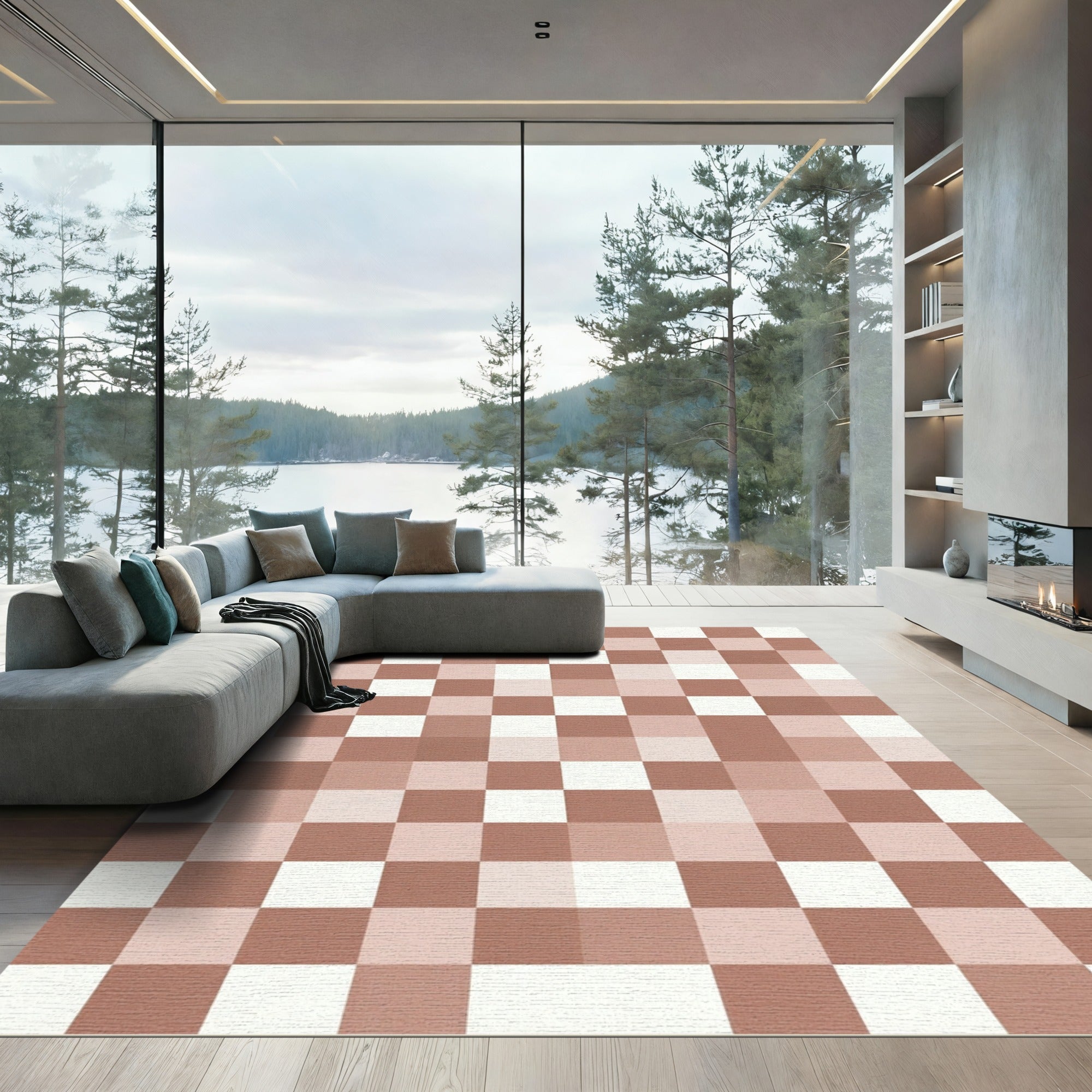 Terracotta and Cream Muted Checkerboard Rug