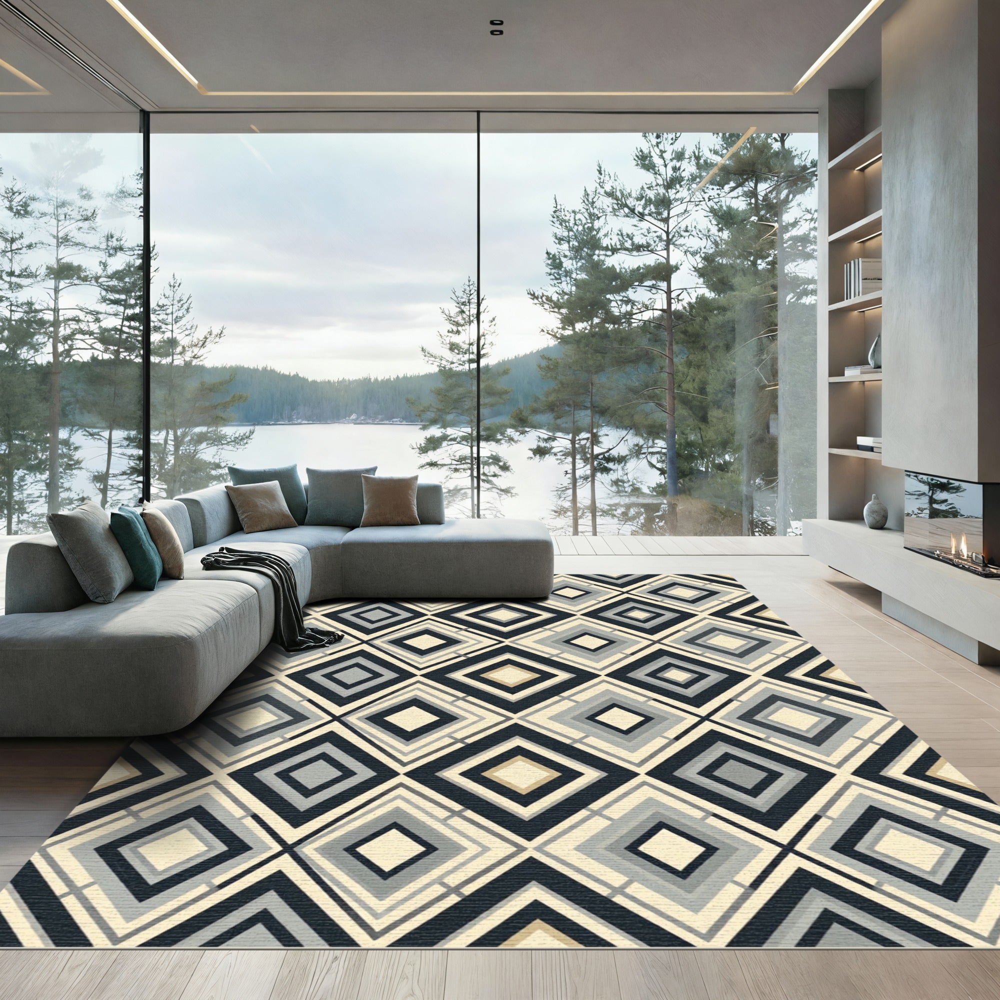 Sophisticated Monochrome Geometric Diamond Rug