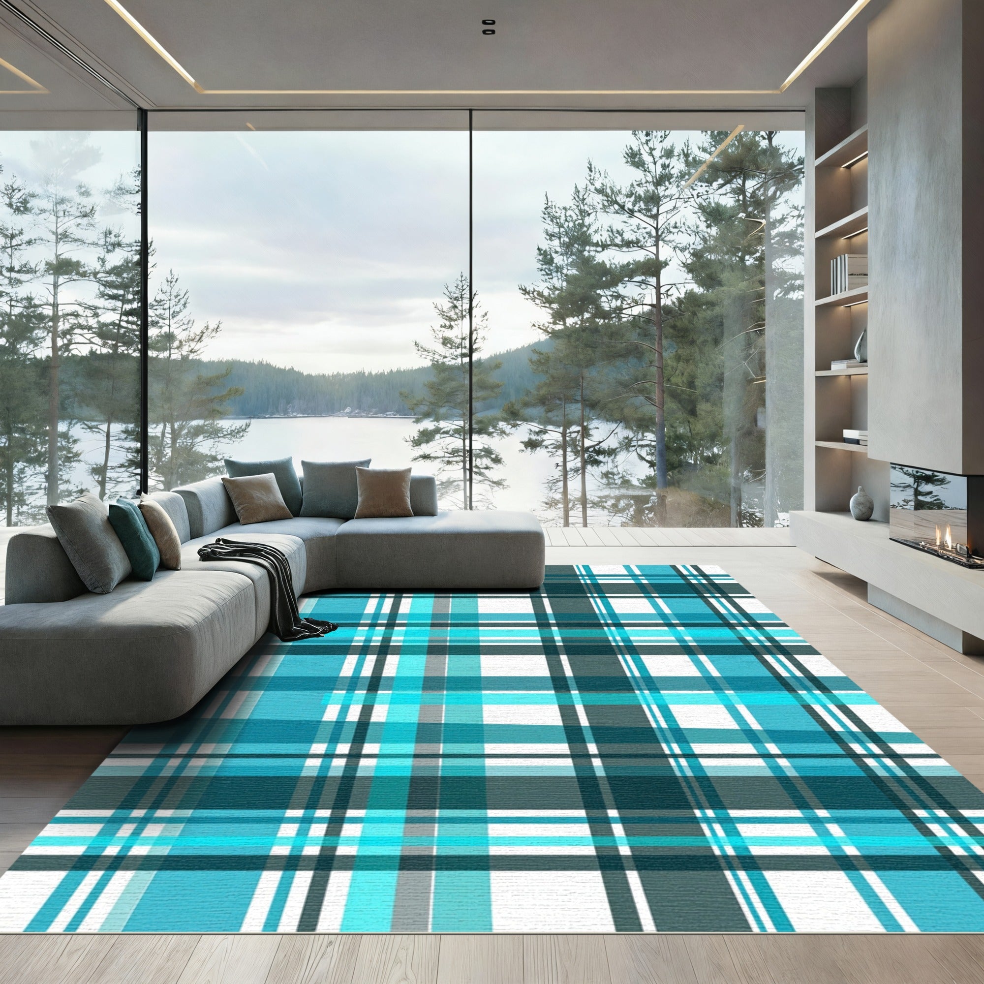 Modern Cyan and Teal Plaid Grid Rug