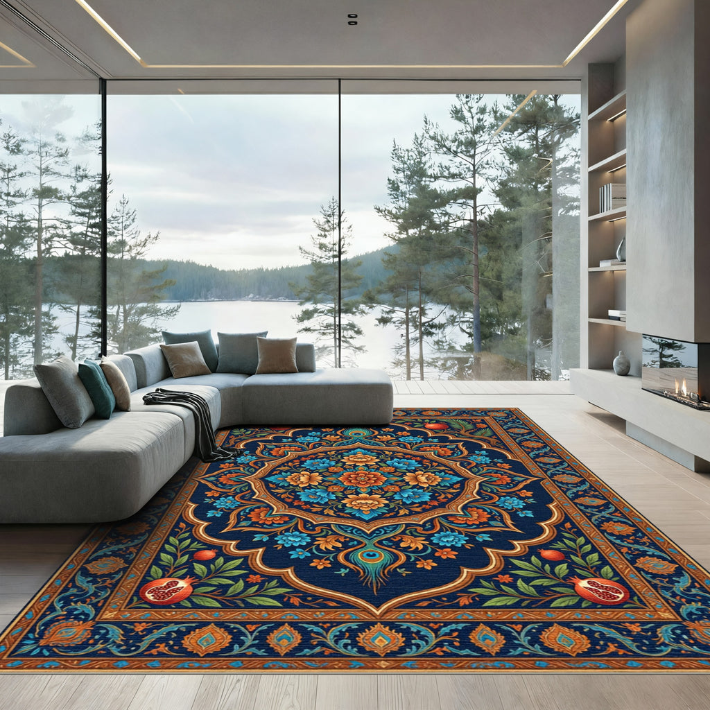 Deep Blue Pomegranate Floral Medallion Rug