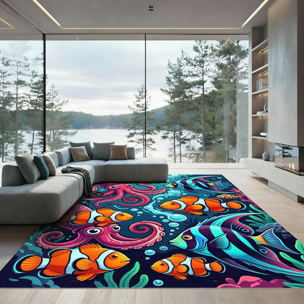 Vibrant Underwater Coral Reef Marine Life Rug