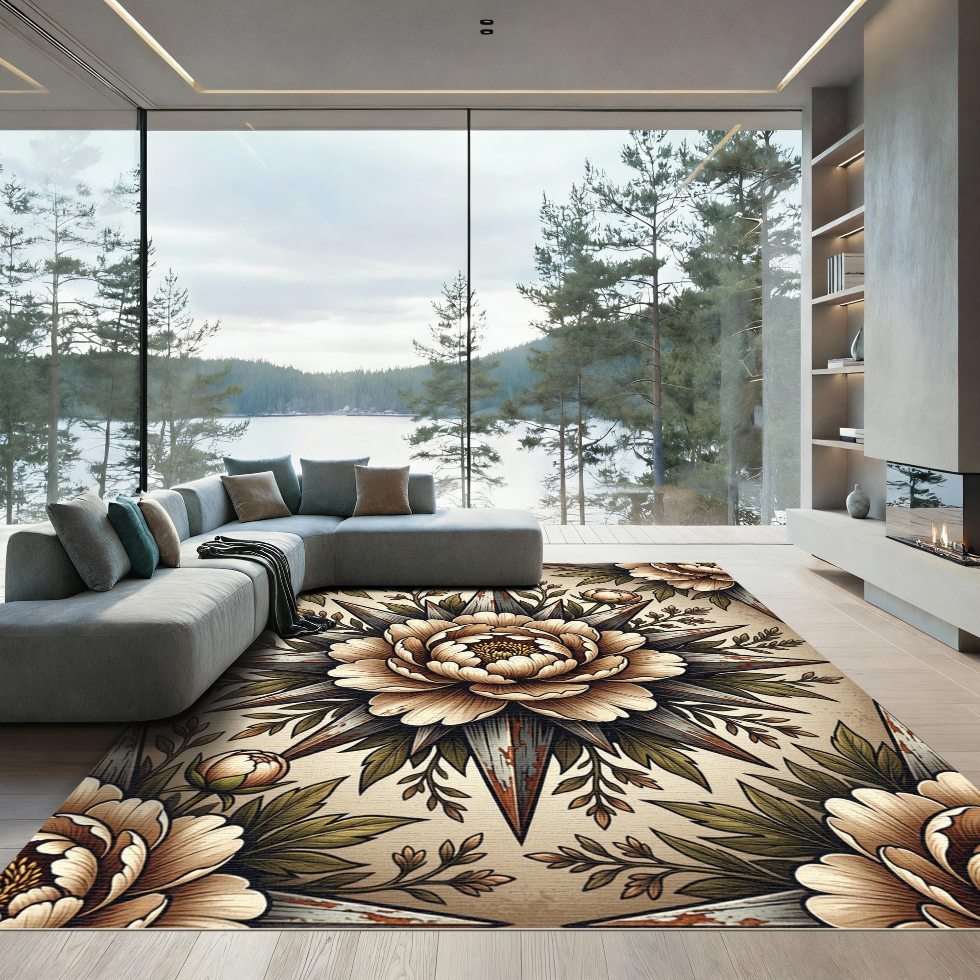 Vintage Floral Compass Peony Art Rug