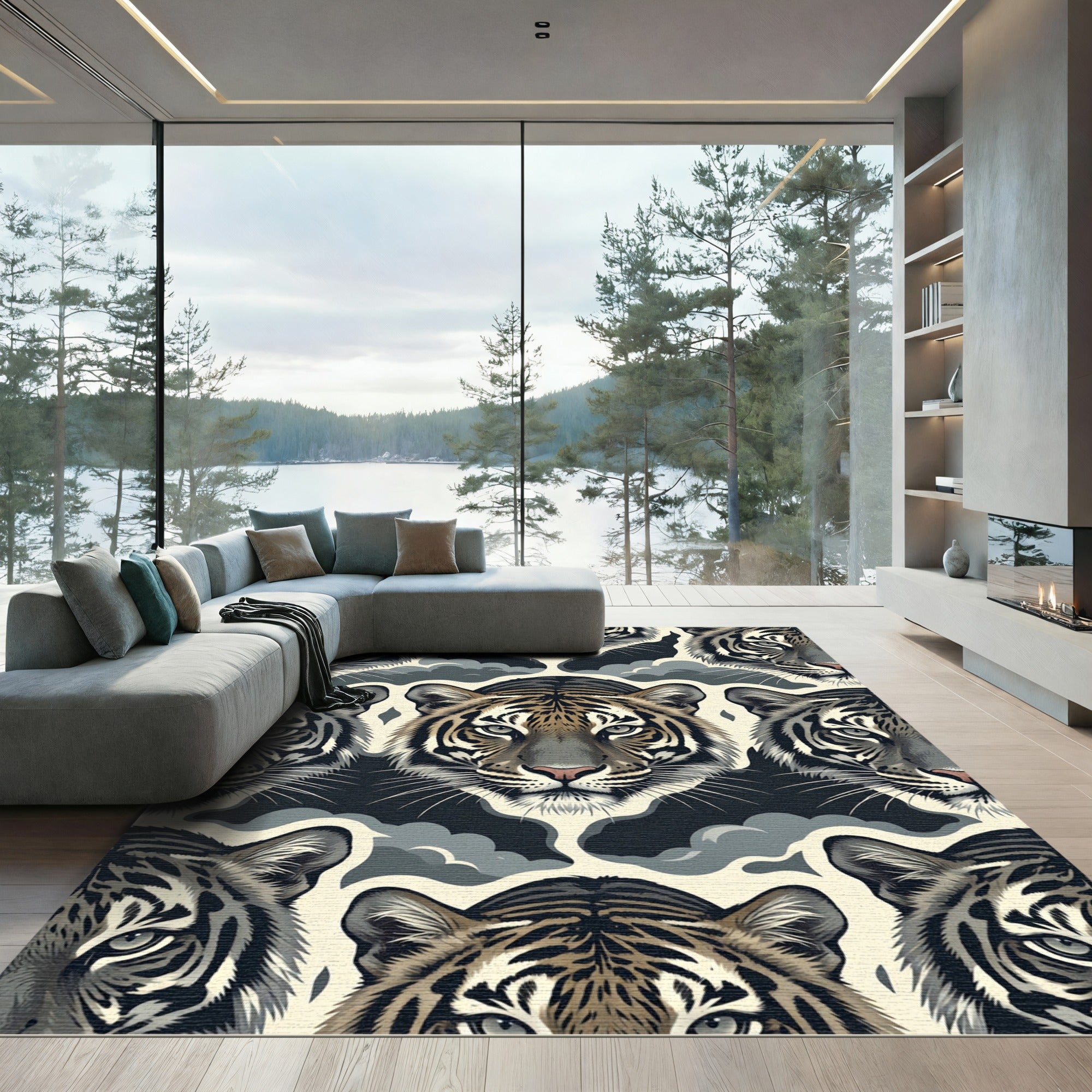 Midnight Tiger Face Cloud Illustration Rug