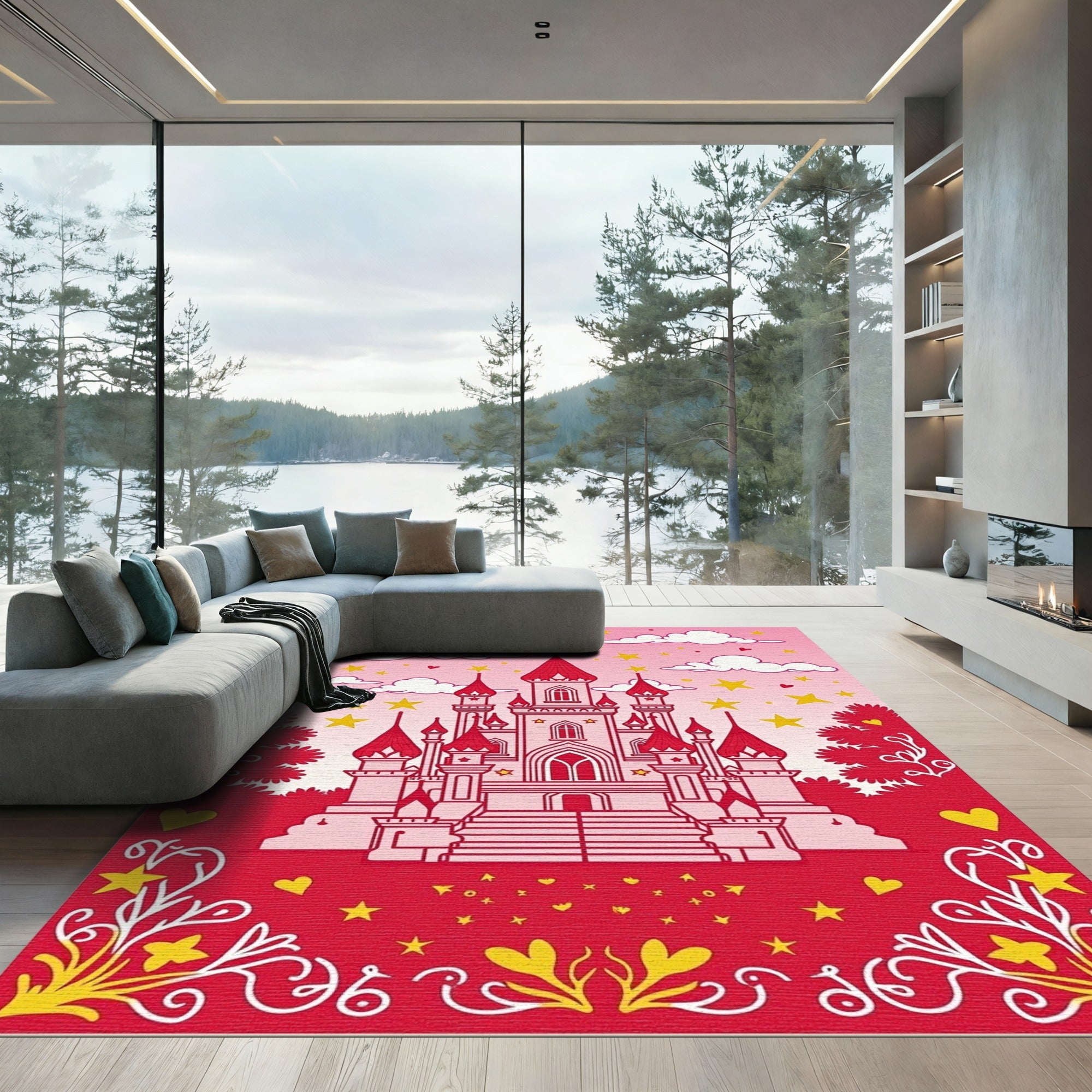 Whimsical Pink Castle Starry Sky Rug
